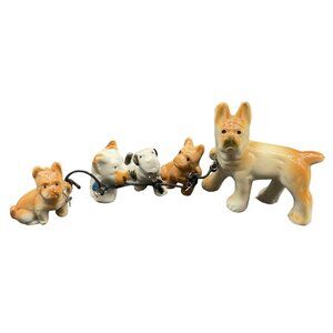Vintage Ceramic French Bulldog Figurine Set With Puppies On Chain Japan 2.25"H